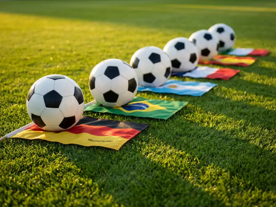 Die Favoriten der Fußball-WM 2026 mit Nationalflaggen von Argentinien, Frankreich, England, Brasilien, Spanien und Deutschland