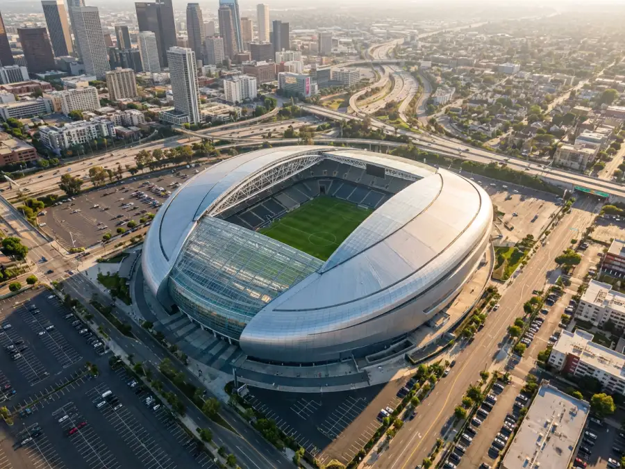Luftaufnahme eines großen Fußballstadions mit geöffnetem Dach, grünem Spielfeld und umliegender Stadtlandschaft
