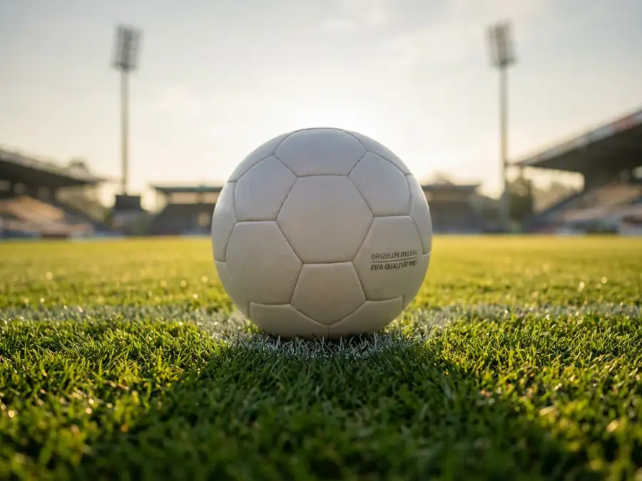 Nahaufnahme eines Fußballs auf gepflegtem grünem Rasen in einem Stadion mit unscharfen Tribünen im Hintergrund