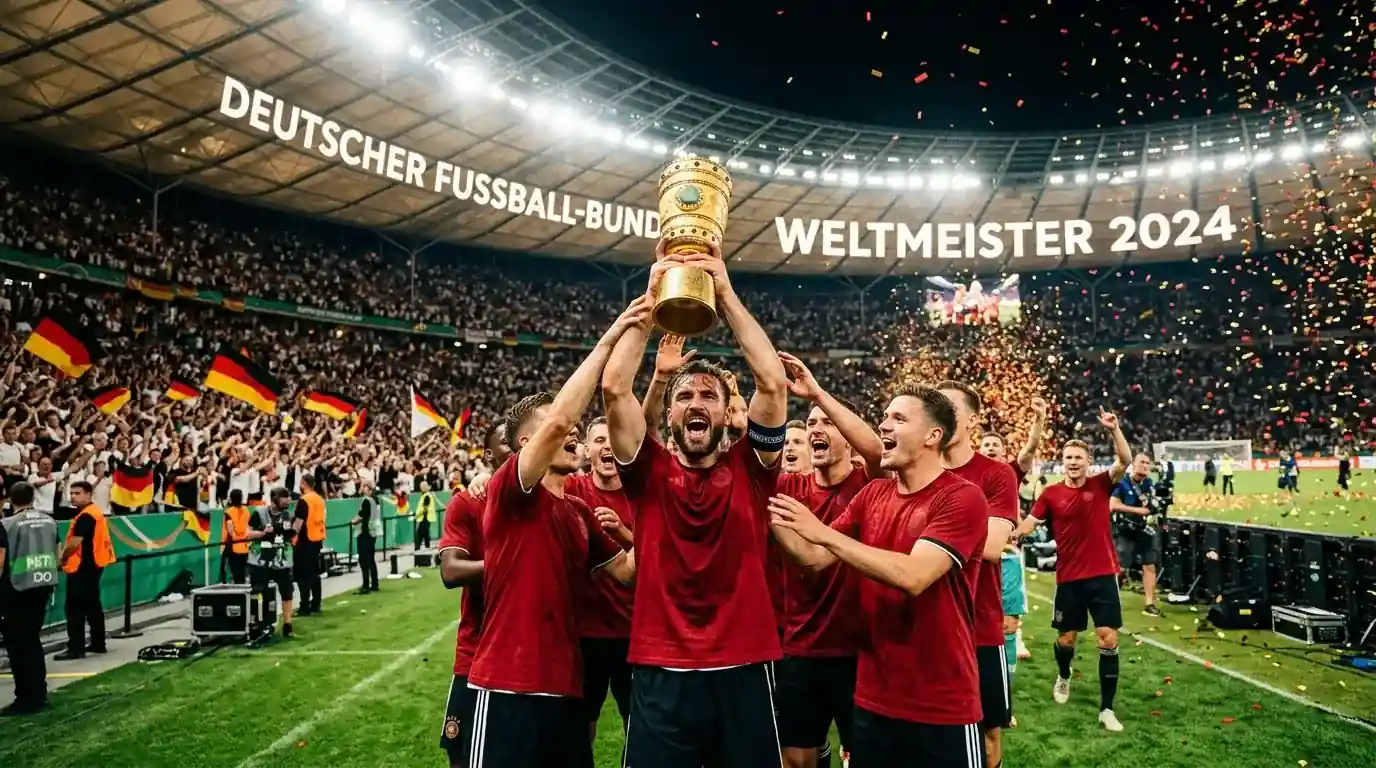 Spanische Nationalmannschaft feiert mit dem WM-Pokal, Spieler in roten Trikots heben die Trophäe in die Höhe