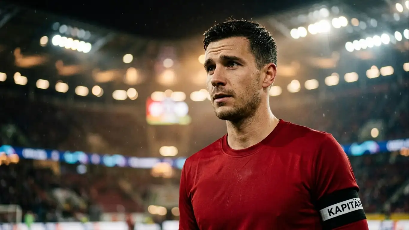 Rodri im spanischen Trikot mit der Kapitänsbinde, nachdenklicher Blick, Stadionatmosphäre im Hintergrund