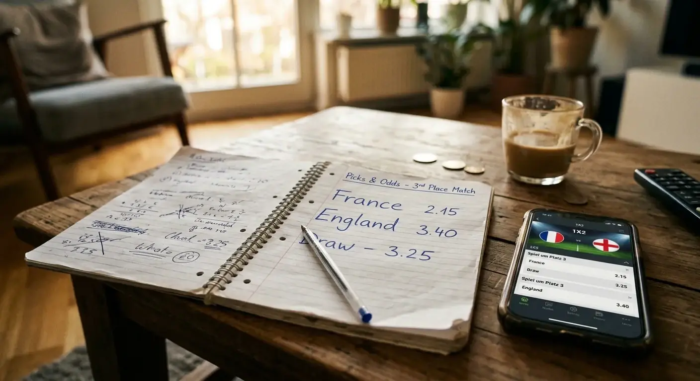 Notizbuch mit handgeschriebenen Wett-Tipps zum Spiel um Platz 3, daneben Smartphone mit der Live-Tabelle 1X2 Frankreich-England