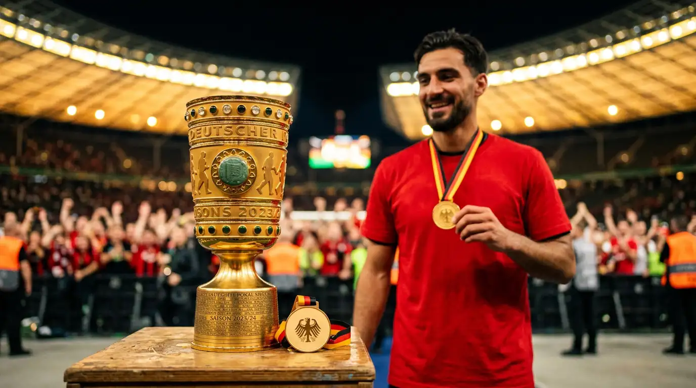Trophäe und Auszeichnung nach dem WM-Finale, Spieler mit Medaille im Vordergrund, Stadionlicht