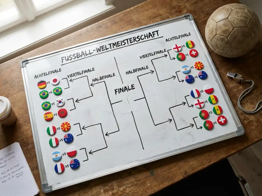 Taktiktafel mit Flaggen der WM-2026-Teilnehmer und möglichen Turnierpfaden