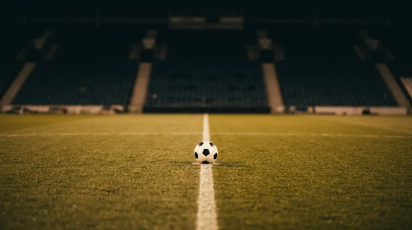 Fußball auf dem Anstoßpunkt eines leeren Stadions mit Flutlicht, symbolisch für Turnierstatistik