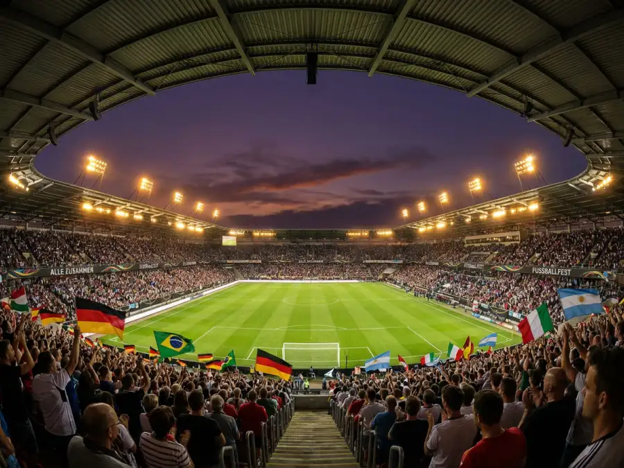 Panoramablick auf ein modernes Fußballstadion mit beleuchtetem Spielfeld und vollen Tribünen bei einem Abendspiel