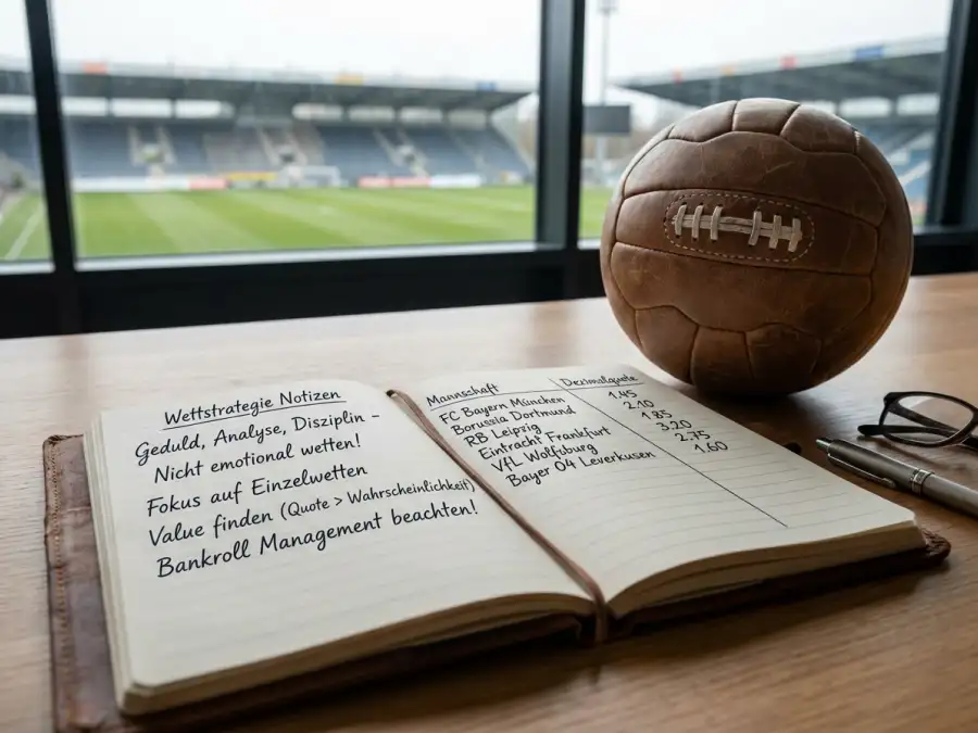 Notizbuch mit Wettstrategien und Dezimalquoten neben einem Fußball vor dem Hintergrund eines WM-Stadions